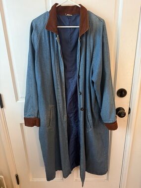 Denim Long Coat duster trench with Brown Corduroy Trim 90s